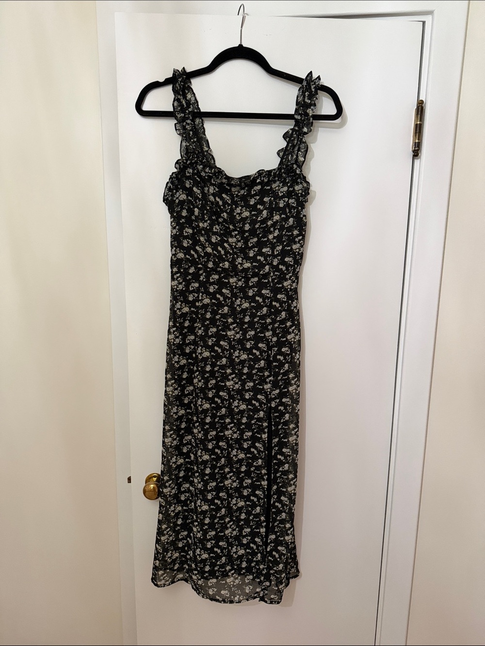Black Floral Ruffle-Strap Midi Dress